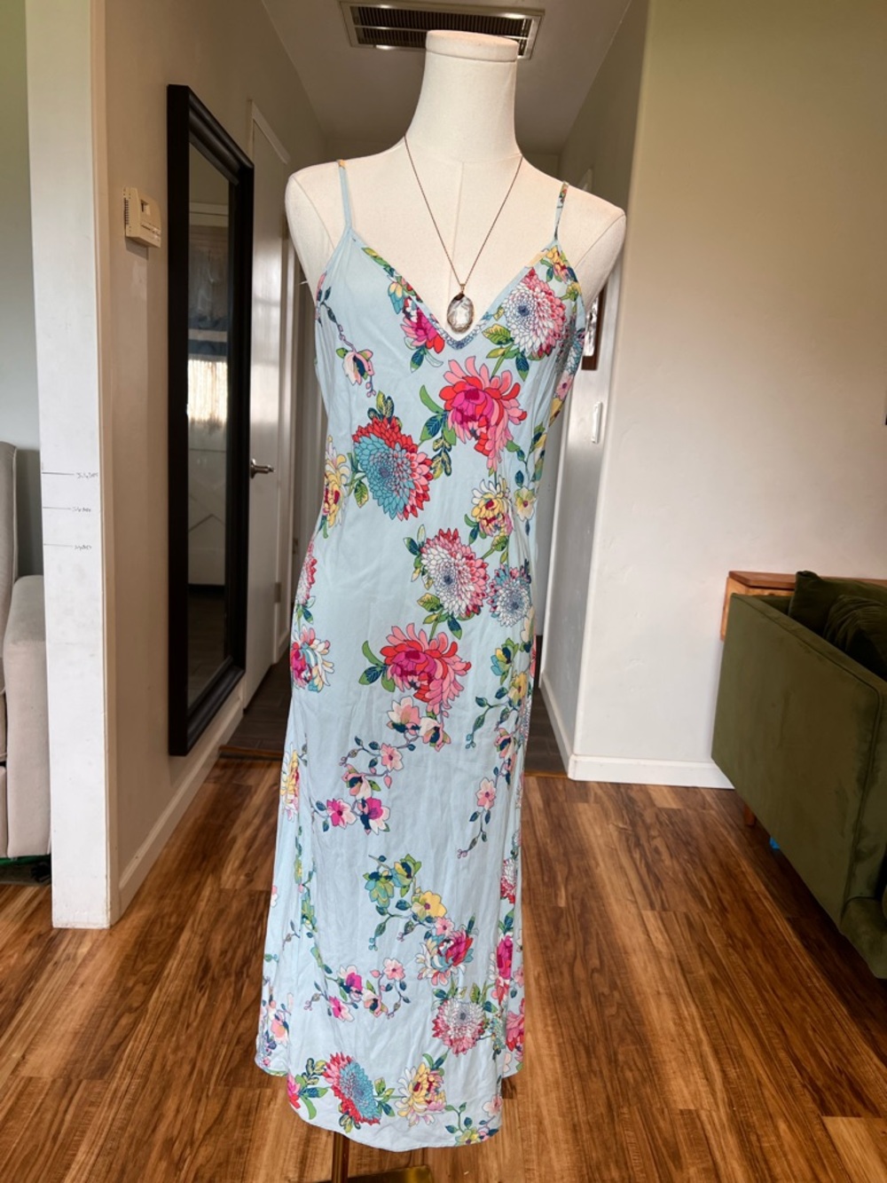 Fairy-core Floral Slip Maxi Night Dress in Light Blue with Pink Accents